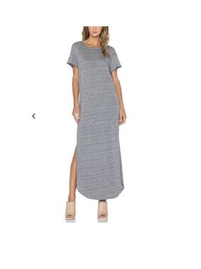 THE GREAT. Heather Gray Short Sleeve Maxi Dress with Side Slit